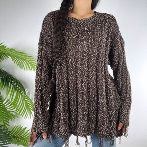 Umgee Womens Brown Cottagecore Boho Fringe Oversized Knit Grandma Sweater / S